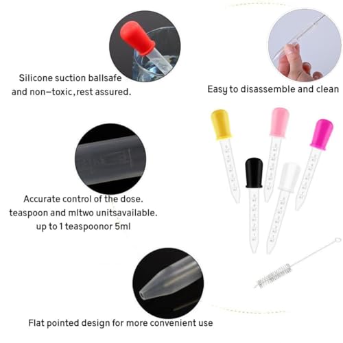 11 Colors Liquid Droppers Clear Medicine Silicone and Plastic Pipettes Eye Dropper with Bulb Tip for Kids Candy Molds，Feed liquid dropper，Equipped with cleaning brush，For DIY Projects(5 ml）