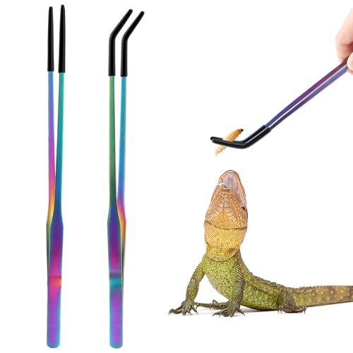 OLIISS Stainless Steel Reptile Feeding Tongs with Rubber Tip - 10.6" Straight & Curved Tweezers for Aquariums & Crafts - Feeder Tools for Bearded Dragons & Lizards - Terrarium Tank Supplies - 2 Pack - size: 10.6 Inch
