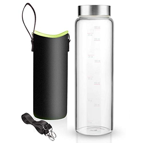 Sursip 32 oz Glass Water Bottle - Nylon Bottle Protection Sleeves, Stainless steel Lid, And 1L Time Marked Measurements, Reusable, Eco-Friendly, Safe for Hot Liquids Tea Coffee Daily - color: Wide-Black