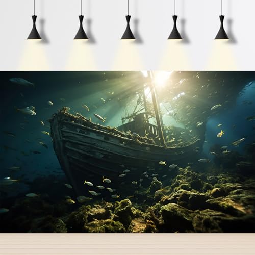 Underwater Aquarium Background Under The Sea Sunken Old Wooden Ship Ruins Fish Tank Background Seagrass Coral Reefs Sunken Ship Terrarium Backgrounds Undersea World Reptile Tank Backgrounds 24x12in - color: Dark Green, size: 24(W)x12(H)in