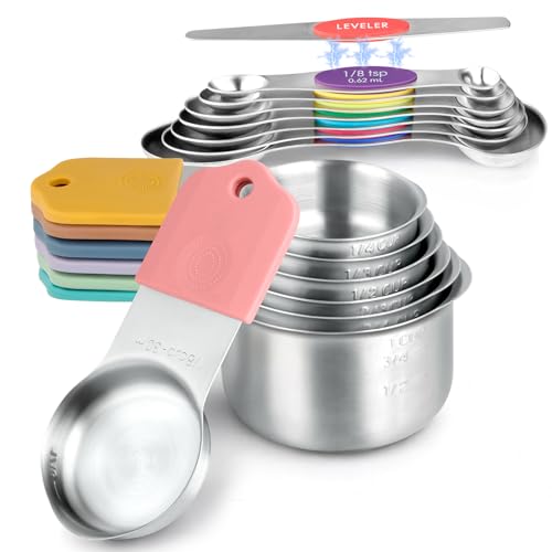 Magnetic Measuring Cups & Spoons Set, Strong N45 Magnets, Heavy Duty 304 Stainless Steel Fits in Spice Jars for Baking & Cooking, BPA Free, Round Set of 15 with Leveler, Light Colorful - color: Measuring Cups & Spoons Set of 15(Light Colorful)
