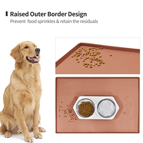 Dog Food Mat,Silicone Waterproof Food Tray,Non Slip Pet Bowl Mats Placemat,0.6" Raised Edge,Suitable for Most Small and Medium Sized Pets,18.5" x 11.5" - color: Coral Orange, size: 18.5" x 11.5"