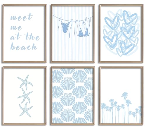 Gschupy Beach Theme Wall Art Set of 6, Light Blue Coastal Canvas Prints with Starfish、Seashell、Palm Tree, Unframed Beach Wall Decor Posters for Apartment Dormitory Coastal Home Decoration 8x10inch - color: Blue Heart Graffiti, size: 8x10in