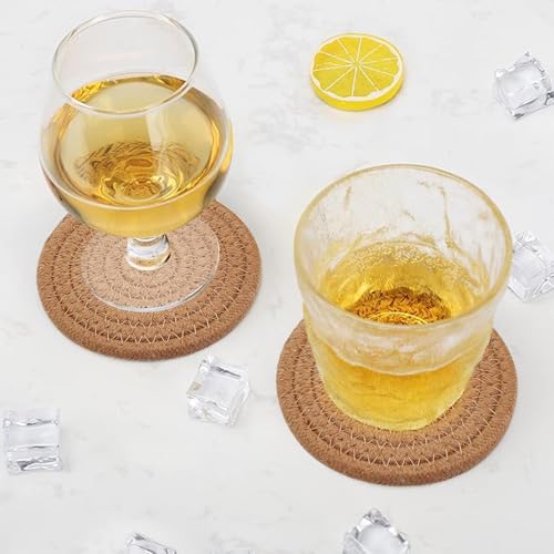 ABenkle Drink Coasters with Holder Set of 10, Cotton Woven Absorbent Coasters for Drinks, Minimalist Home Decor Coaster Set for Wooden Tabletop Protection Table, 4.3 inches - color: Brown, size: 10 Pcs