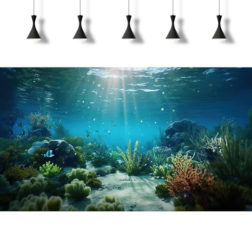 Under The Sea Aquarium Background Deep Sea Coral Reef Fish Tank Background Underwater Rock Aquatic Plants Sunray Terrarium Backgrounds Tropical Fish Deep Ocean Floor Fish Tank Backgrounds 30x12in - color: Ocean Blue, size: 24(W)x12(H)inches/ 60(W)*30cm(H)