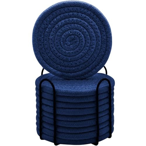 ABenkle Drink Coasters with Holder Set of 10, Cotton Woven Absorbent Coasters for Drinks, Minimalist Home Decor Coaster Set for Wooden Tabletop Protection Table, 4.3 inches - color: Navy Blue, size: 10 Pcs