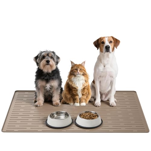 Large Dog Mats for Food and Water, 32"x24" Waterproof Pet Food Mats for Floor Nonslip Silicone Bowl Mats with Raised Edges - color: Light Brown, size: 32"L x 24"W