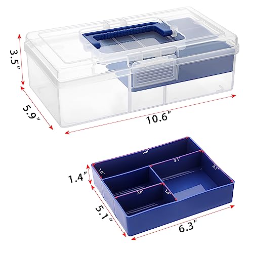 JUXYES Plastic Carry Storage Box with Removable Dividers, Clear Art Craft Supply Storage Bin Sewing Box with Handle Lid, 2 Layers Stationery Storage Case for School/Office Supplies - color: Blue
