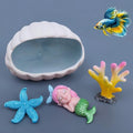 Ocean Theme Aquarium Decor 4-Piece Set: White Ceramic Shell Cave Hideout for Betta, Cichlid, Shrimp, Turtle + Sleeping Mermaid Figurine + Resin Coral & Starfish – Fish Tank Ornament