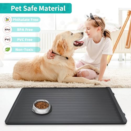 Dog Mat for Food and Water - 39.4" x 27" Large Pet Feeding Mats with Residue Collection Pocket - Waterproof Dog Cat Bowl Mat with High Edges to Prevent Water and Food Spills (Black) - color: Black