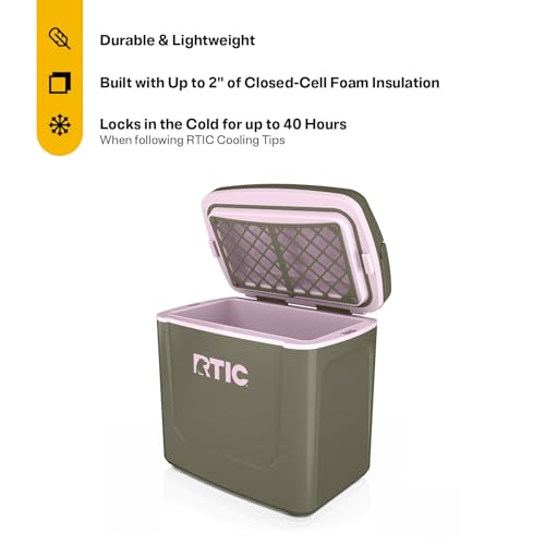 RTIC 8 QT Road Trip Personal Cooler, Small, Compact, Insulated, Portable Ice Chest Box for Food, Drink, Beverage, Beach, Camping, Picnic, Fishing, Boat, 12-Can Capacity - color: Olive/Pale Pink