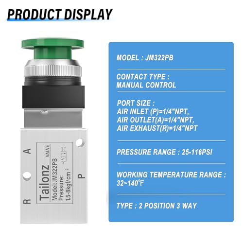 TAILONZ PNEUMATIC Green 1/4”NPT Manual Control type Mushroom Push Button 3 Way 2 Position Pneumatic Control Mechanical Valve - size: 3 Way 2 Position
