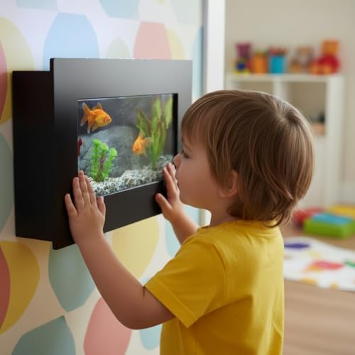 Aussie Aquariums 3.0 Wall Mounted Fish Tank Kit with LED Lighting, Built-in Filter System, Modern Space-Saving Design, Complete Accessories Set (View, Black) - color: Black, size: View