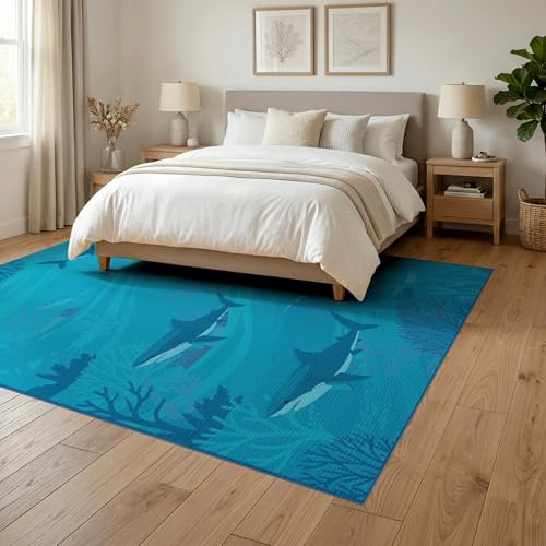 6'x9' Washable Contemporary Fish Area Rug, White Non-Shedding Pet Friendly Room Rug for Queen Size Bedroom, Under Bed, Master Suite, Foldable Easy Care Carpet | Ref:2068649 - color: Blue/Pattern 13, size: 6' x 9' (Rectangular)