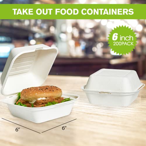 ECOLipak 200 Pack Clamshell Take Out Food Containers, 100% Compostable Disposable To Go Containers，6 * 6 inch To Go Boxes for Salad, Cake,Sandwiches - color: 6*6 in,1-Compartment,200Pack