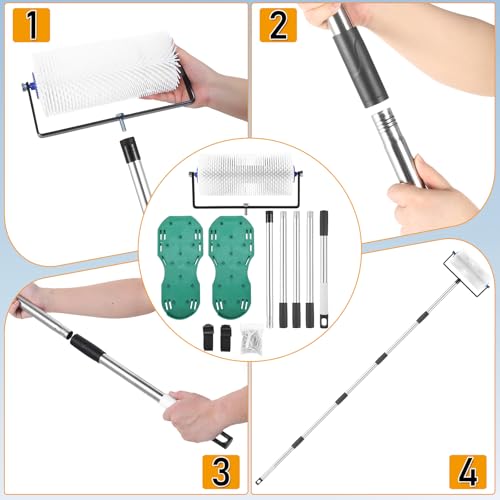 Spike Roller for Self Leveling Cement,9 Inch Screed Spiked Roller with 77'' Extension Pole – Self Leveling Concrete Tool Kit with Spike Shoes for Epoxy Flooring & Cement Levelin