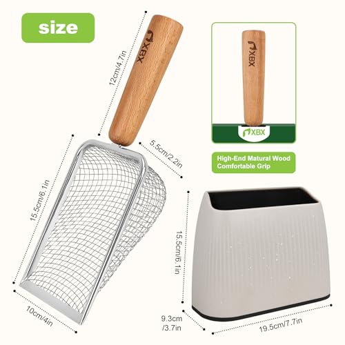 XBX Cat Litter Scoop with Holder, Metal Mesh Litter Scoop with Beech Wood Grip,Stainless Steel Litter Scooper with Fine Holes, Easy Sifting Litter Box Cleaning Tool