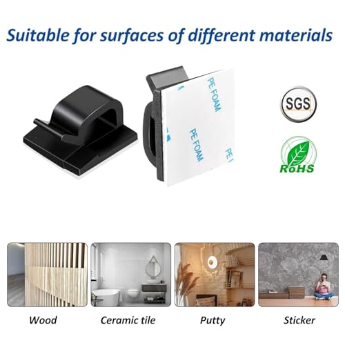 150 PCS Adhesive Cable Wire Clips Black, Outdoor Cable Management Wire Organizer Cord Holder for Under Desk, Car, Wall, TV PC Ethernet Cable (Black) - color: Black