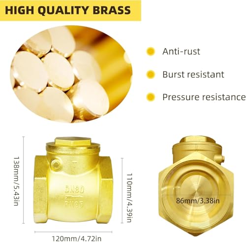 3"NPT Horizontal Brass Check Valve - Prevents Water Backflow, Suitable for Sewage Pumps & Air Compressors (DN80) - size: 3inch（DN80）