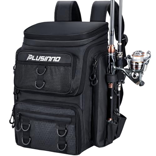 PLUSINNO Fishing Tackle Backpack with Rod Holders，42L Water-resistant Fishing Bag Store Fishing Gear,Fishing Gifts For Men. - color: Black With Box
