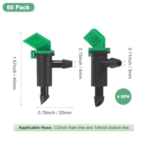 M METERXITY 60-Pack Flag Irrigation Dripper Emitter, 16L/H 4 GPH Plastic Drip Irrigation Connect for Garden/Trees/Herbs/Aquarium, Irrigation System Parts Tool [Black]