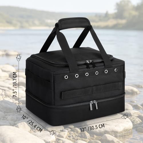 HODRANT Double-layer Fishing Line Storage Bag, Line & Reel Management Case with 5 Removable Dividers & 6 Grommets, Tackle Gear Organizer Tangle-Free Leader Spool Dispenser for Travel & Kayak, Bag Only