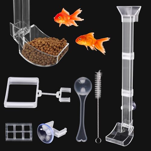 Aquarium Shrimp Feeder Tube and Dish Set, Adjustable 7.09 to 14.96 in, Clear PC Feeding Station with Floating Ring, Suction Cups and Hook (Fits Glass up to 0.59 in/15 mm), Includes Brush and Spoon