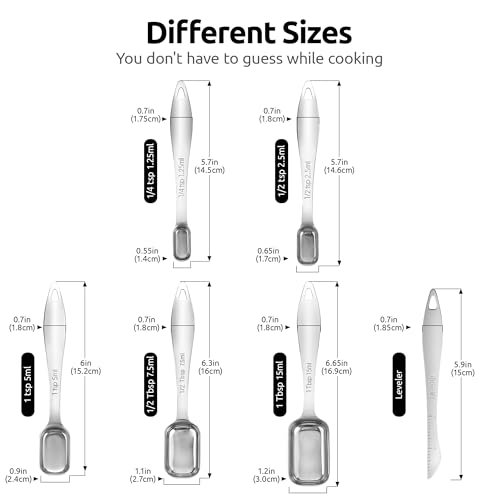 U-Taste Narrow Square Measuring Spoons: 18/8 Stainless Steel Kitchen Measure Teaspoon Tablespoon with Leveler, Polygon Rectangular Metal Jar Scoop for Baking Cooking, Coffee, Spice, Powder (Set of 6) - size: S-5+1 pcs (square)