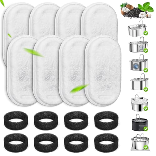 Cat Water Fountain Filters, 8 Pack Replacement Filters & Pre-Filter Sponges for 3.2L/108Oz & 2L/67oz Stainless Steel Pet Fountain, Carbon Filters for Automatic Cat Water Dispenser Water