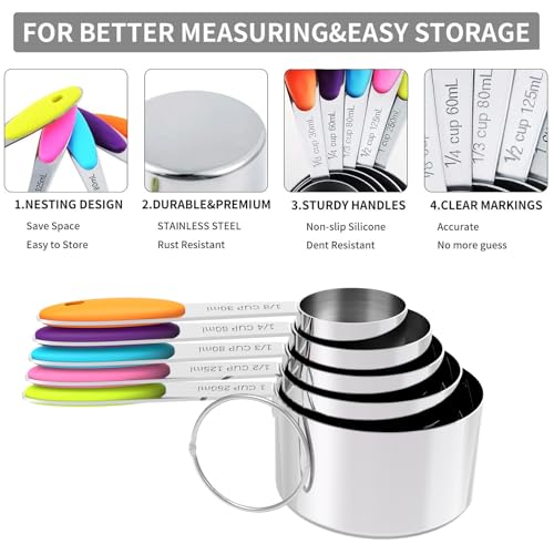 TILUCK Nesting Measuring Cups and Spoons Set, Stainless Steel with Soft Silicone Handle – Heavy Duty & Dishwasher Safe for Measuring Dry/Liquid Ingredients, Ideal for Cooking & Baking (10)