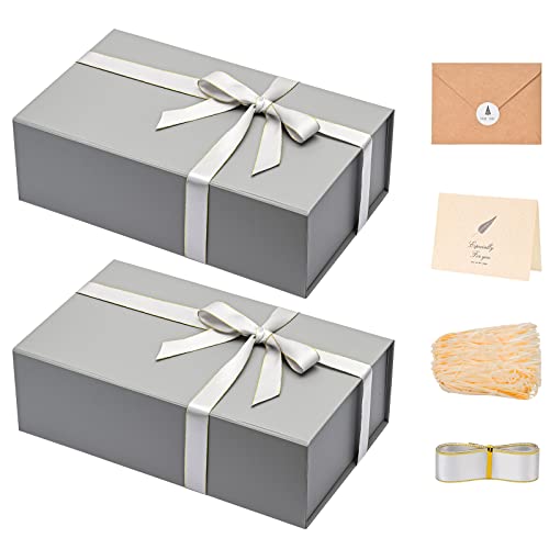 LIFELUM 2 Pack Large Gift Boxes with Lids,13.85 x 8.35 x 4.45 inch Gift Box Rectangle Collapsible Box Groomsmen Gift Boxes for Presents with Ribbon, Card, Shredded Paper Filler - color: Grey, size: 1 count (Pack of 2)