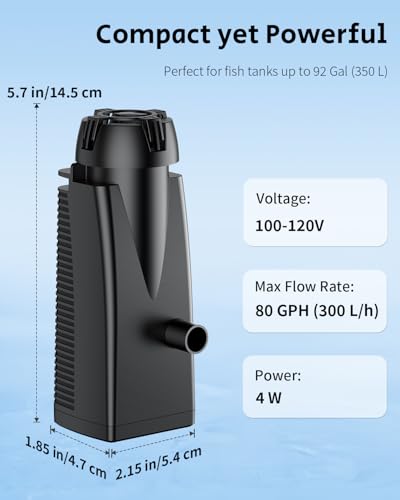 Pawfly 80 GPH 4 W Aquarium Surface Skimmer for Fish Tanks up to 92 Gallons, Aquarium Oil Film Processor, Fish Tank Filter with Bio Sponge & Suction Cups, Fish Tank Oil Skimmer, Oil Film Remover