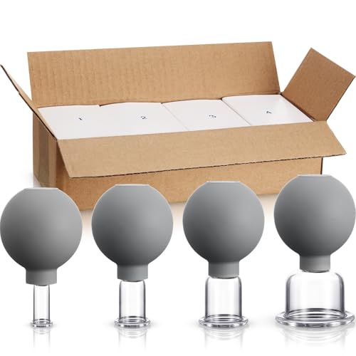 BBTO 4 Pcs Glass Facial Cupping Set Silicone Vacuum Suction Massage Cups Skin Tightening Therapy for Face Body Eyes Back Shoulder Pain(Grey) - color: Grey