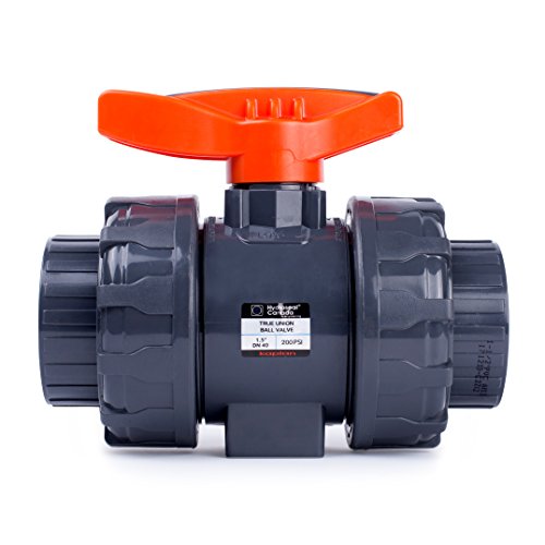 HYDROSEAL Kaplan PVC 1 1/2" True Union Ball Valve with Full Port, ASTM F1970, EPDM O-Rings and Reversible PTFE Seats, Rated at 200 PSI @73F, Gray, 1 1/2 inch Socket (1 1/2") - size: 1 1/2"
