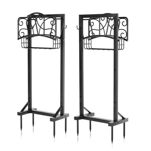 Heavy-Duty Garden Hose Holder with Storage Basket and Tool Hooks, XEAPOMS Stable Hose Hanger Metal Garden Hose Storage Holds 160Ft, Rustproof Freestanding Water Hose Holder for Outside,Yard,Lawn,Farm - color: Black
