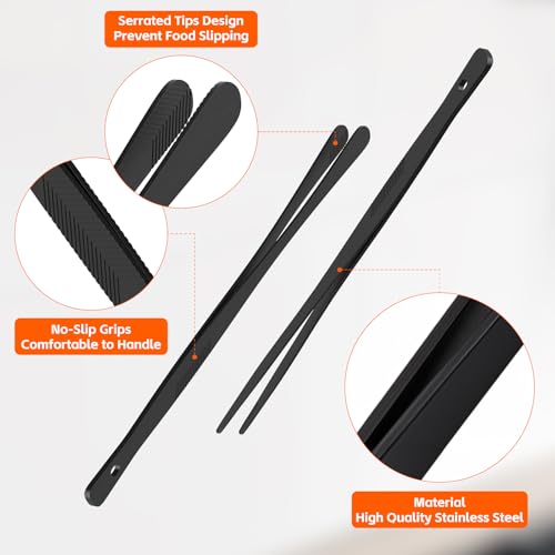 Tifanso Kitchen Tongs for Cooking - 2PCS 12" Stainless Steel Cooking Tongs Tweezers, Metal Fine Kitchen Utensils with Precision Serrated Tips, Professional Chef Tweezers for Serving, BBQ, Pasta, Salad