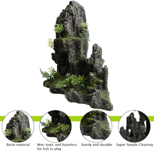 Aquarium Decorations Large Mountain View Stone Rock Cave Resin Betta Shrimp Hideout Ornaments with Small Plants Fish Tank Decorations