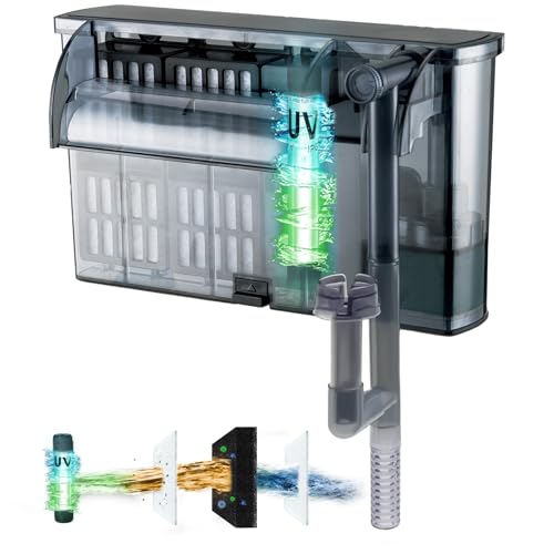 Large Hang on Back Aquarium Filter 264GPH for 20-75 Gal Fish Tank, w/ U-V Light Surface Skimmer 13-Stage Green Killing Deodorization Machine Saltwater Freshwater Crystal Clear Suspension Oxygen - size: WP-609H