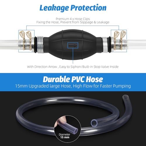Gasoline Siphon Hose Pump - High-Flow Portable Hand Fuel Transfer Pump for Water, Gasoline, Oil, Petrol, Diesel (2 Premium PVC Hoses) - size: 15mm( 1 Pack)