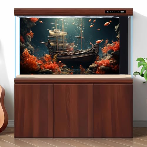 Pirate Shipwreck Aquarium Background Under The Sea Coral Reefs Fish Tank Background Underwater Sunken Ship Landscape Terrarium Background Tropical Sea Marine Life Aquarium Tank Background 72x24in - color: Red, size: 72(W)x24(H)inches/ 180(W)*60cm(H)
