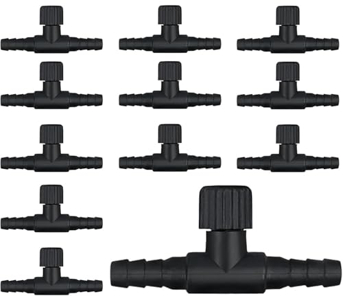12Pcs Aquarium Air Control Valves for 3/16" (4mm) ID Airline Tubing, Adjustable Black T Shaped Hose Connectors Single Way Plastic Air Flow Controllers Regulators, Air Pump Accessories for Fish Tank