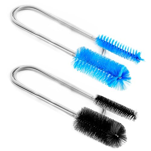 2 Pcs Flexible Drain Pipe Cleaning Brush, 36" Extra Long Double Ended Nylon Bristles and Stainless Steel Tube Cleaners, 2 Brush Head Sizes for Kitchen Sink, Pipe and Hose Cleaning (Black+Blue)