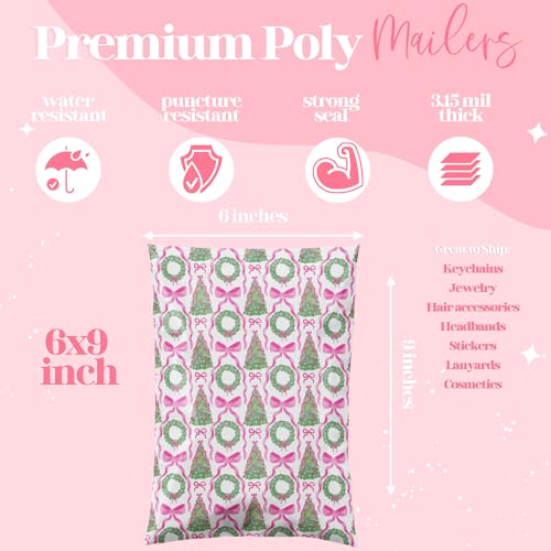 6x9 Designer Poly Mailer 100 Pack Heavy Duty Waterproof Self Seal Shipping Bags for Small Business Large Mailing Envelopes Bulk Tear Resistant Packaging Coquette Christmas Holiday Bows - color: Coquette Christmas, size: 6x9