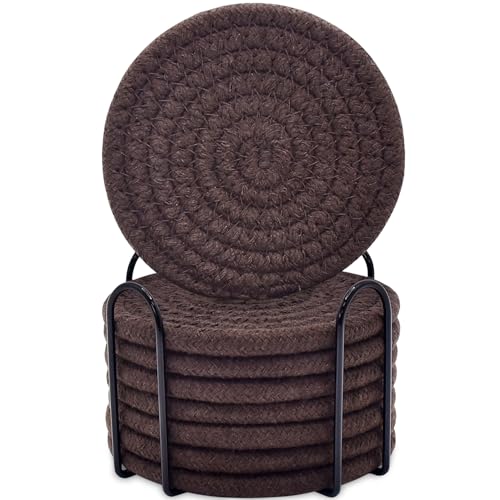 ABenkle 8 Pcs Drink Coasters with Holder, Cotton Woven Absorbent Coasters for Drinks, Minimalist Home Decor Coaster Set for Wooden Tabletop Protection Table, 4.3 inches - color: Black Coffee, size: 8 Pcs