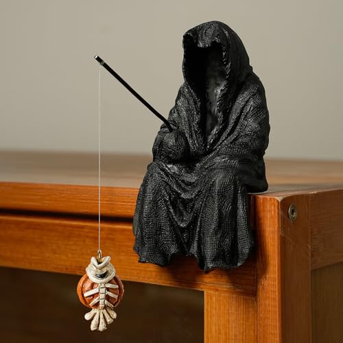 Fishing Sitting Statue Gothic Robe, Halloween Fish Tank Decor, Halloween Statue for Outdoor Garden Yard Lawn Shelf Table and Desktop (Black) - color: Black