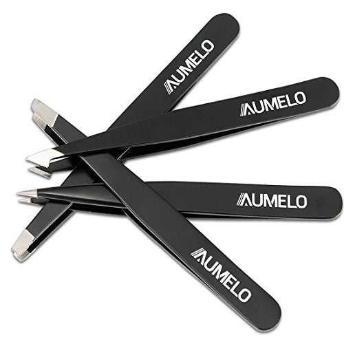 Tweezers Set 4-Piece Professional Stainless Steel Tweezers with Travel Case by Aumelo - Best Precision Eyebrow and Splinter Ingrown Hair Removal Tweezer Tip for Men & Women,Black - color: Black
