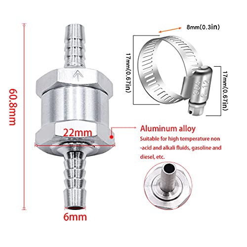 mxuteuk 2Pcs 1/4" 6mm Aluminium Silver Non Return One Way Check Valve with 4Pcs 6-12mm Universal Adjustable Hose Clamps for Fuel Petrol Diesel Line Oil M-H-032-6mm - color: Silver, size: 1/4" 6mm