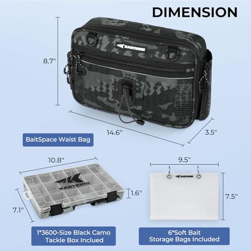 KastKing BaitSpace Waist Bag – Waterproof Tackle Storage Bag With Adjustable Belt, Fishing Fanny Pack for Men, Soft Bait Organizer, 3600 Utility Box, Rod Holder, Nylon - color: Black Camo