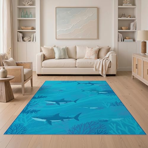 5'x7' Washable Contemporary Wave Area Rug, White Flatwoven Floor Covering Non-Slip Chair-Friendly Carpet for Dining Room, Under Table, Home Office | Ref:2068649 - color: Blue/Pattern 13, size: 5' x 7' (Rectangular)