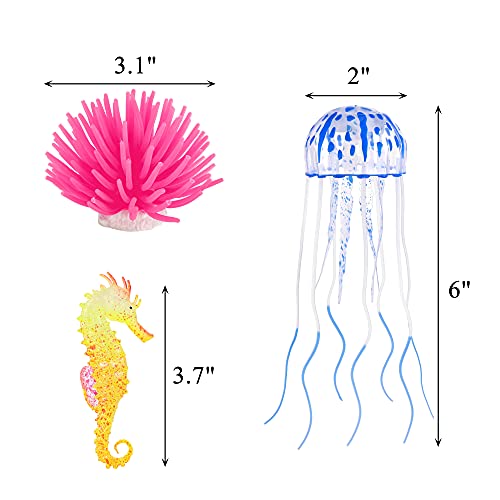 Lpraer 6 Pieces Glow Aquarium Ornaments Artificial Glow Floating Jellyfish Seahorse Anemones Silicone Simulation Fish Tank Decorations for Fish Tank - color: 6 Pcs (Jellyfish+seahorse+anemones)
